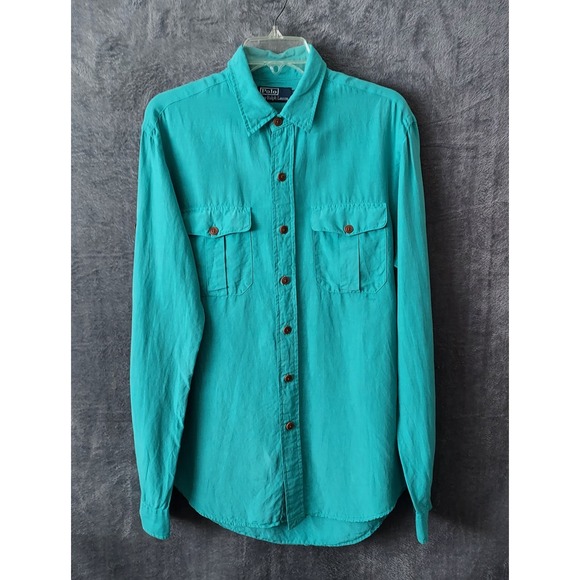 Polo Ralph Lauren Shirt Mens Medium Linen‎ Blend Blue Casual Chest Pockets  Read - Picture 1 of 16